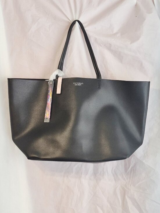 Victoria's Secret Handbags - NWT XL Faux Leather Victoria's Secret Black Tote Bag With Rainbow Tassel